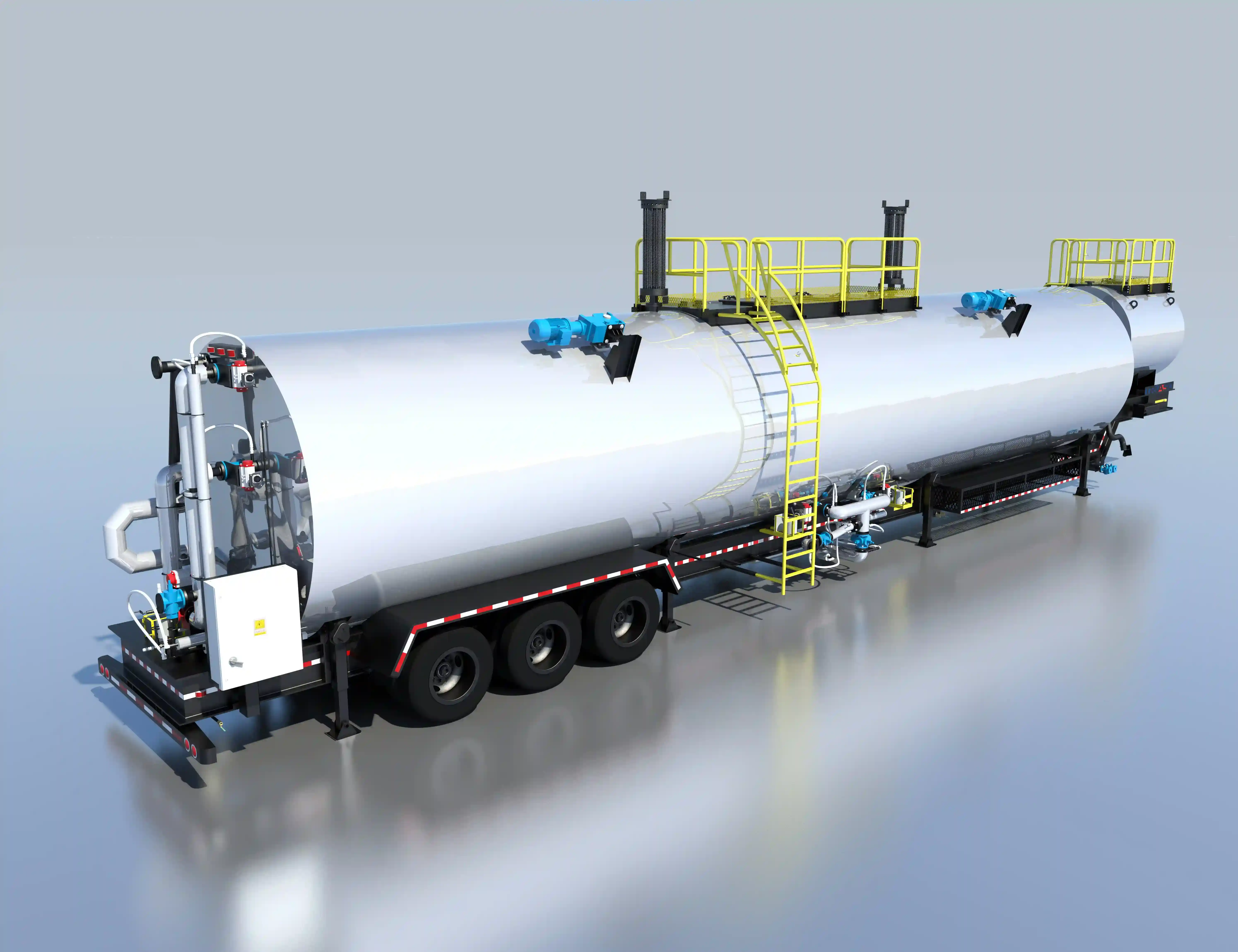 Render 3D de tanque de almacenamiento de asfalto sobre remolque