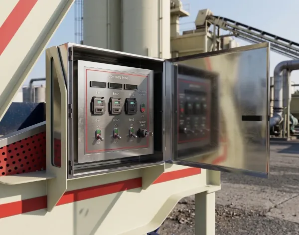 Tablero eléctrico de control de la tolva de RAP con la puerta abierta