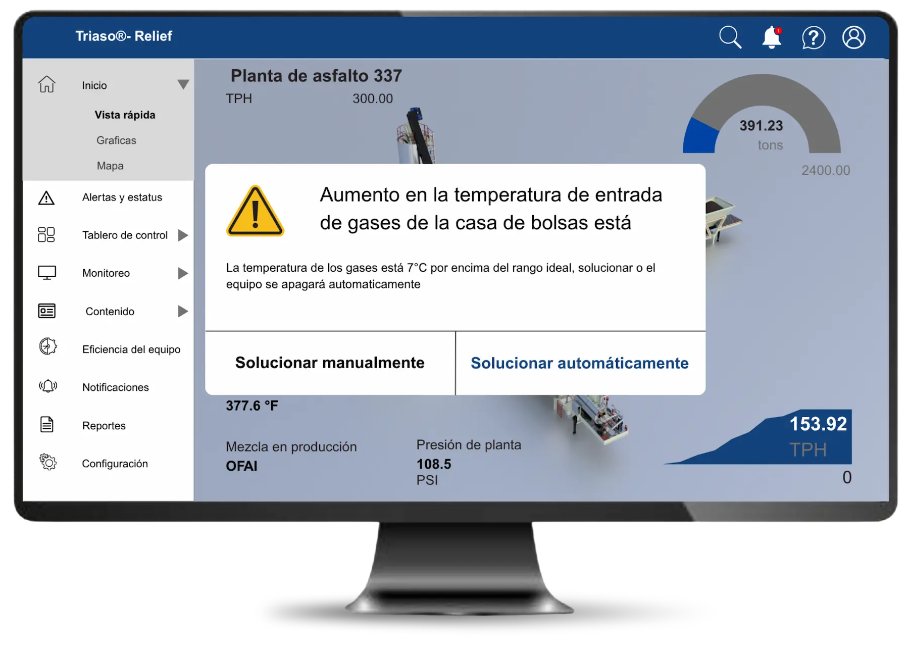 Sistema Triaso Relief en operación, mostrando el tablero de control de la planta de asfalto