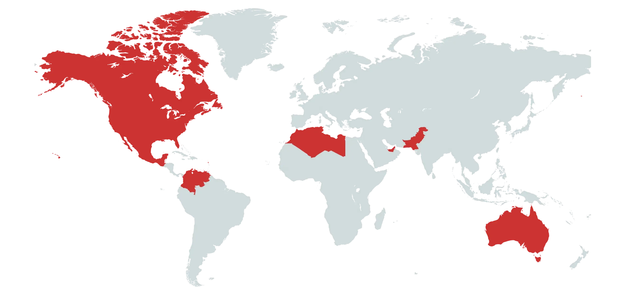Mapa mundial que resalta en rojo los países donde TRIASO ha entregado equipos en Norteamérica, Sudamérica, el norte de África, Medio Oriente, Asia y Oceanía