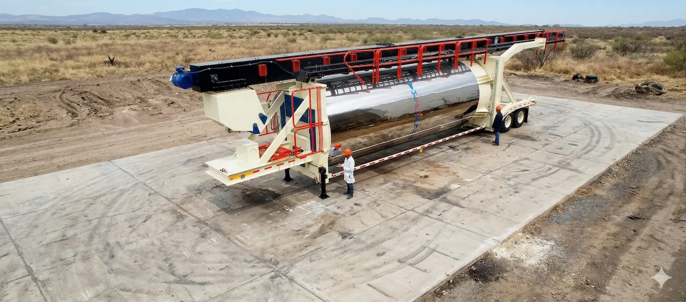 Silo autoerigible TRIASO montado sobre remolque, con técnicos a su lado